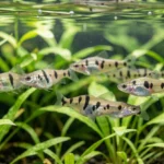 Several harlequin rasbora fish swimming in a planted aquarium with visible black wedge markings.