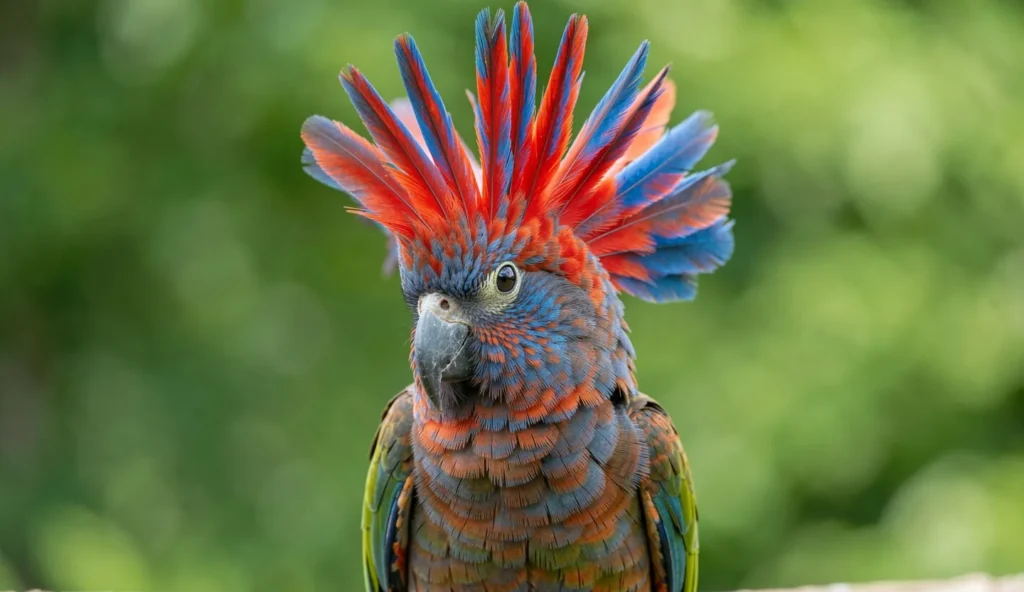 Hawk Headed Parrot with raised crest displaying red and blue feathers.