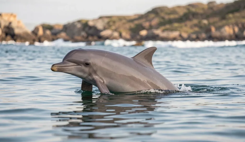 A Heaviside's dolphin surfaces in calm coastal water near a rocky shoreline off southern Africa.