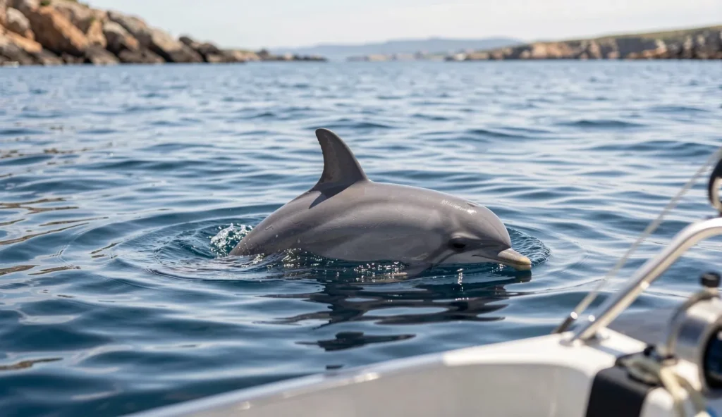 Hector's dolphin swimming near the New Zealand coast with its rounded dorsal fin visible above the water.