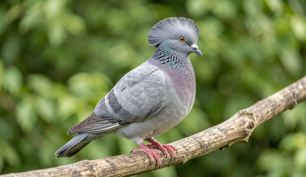 A Helmet Pigeon with its distinctive crest viewed from the side.