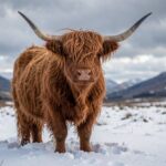 Highland Cattle – The Iconic Scottish Breed for Cold Climates & Complete Breed Guide A red Highland cow with long shaggy coat and curved horns standing in a snowy field with mountains in the background