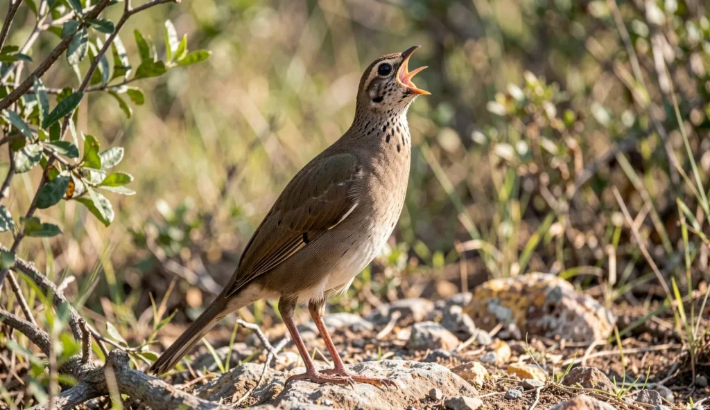 Hildebrandt Francolin standing on a low branch with its head raised and mouth open in a calling posture in scrubby woodland.