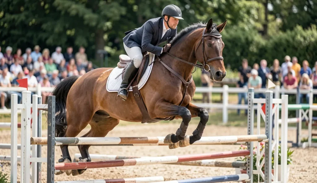 A Holsteiner horse mid jump in an outdoor show jumping arena with the rider balanced over the obstacle