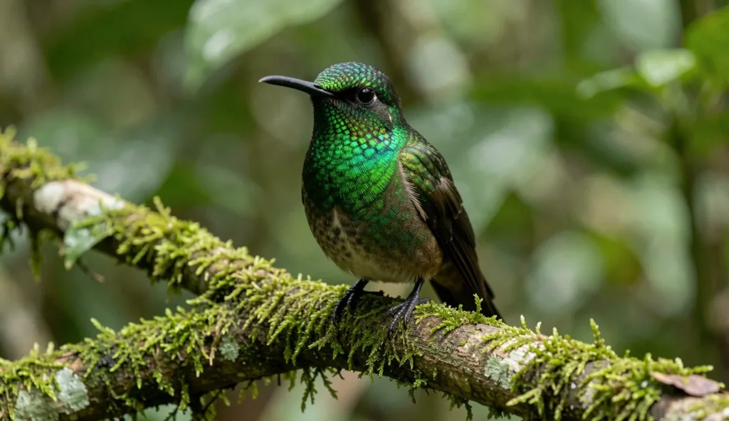 Close-up photograph of a Honduran Emerald hummingbird perched on a branch in a Honduran forest.