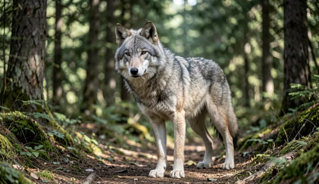 A small gray wolf with a thick winter coat standing on a forested mountain trail in natural light.