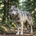 Honshu Wolf – Size Traits, Habitat History & Care Guide for Japanese Wolf Facts A small gray wolf with a thick winter coat standing on a forested mountain trail in natural light.