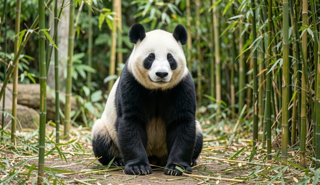 Hsing Hsing the male giant panda at the Smithsonian National Zoo in a bamboo filled enclosure
