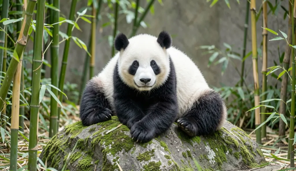 Young Hua Mei panda cub resting on a rock in a bamboo enclosure at the San Diego Zoo