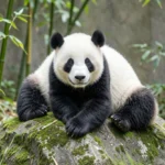 Hua Mei Panda Biography & Complete Panda Breed Guide Young Hua Mei panda cub resting on a rock in a bamboo enclosure at the San Diego Zoo