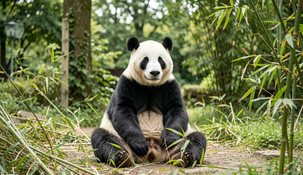 Huan Huan the female giant panda resting among bamboo at ZooParc de Beauval in France