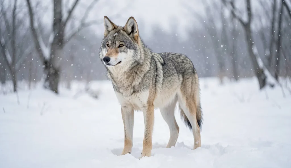 An adult wolf with a pale coat stands on snow in a cold arctic landscape, ears alert and body relaxed.