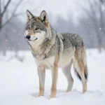 An adult wolf with a pale coat stands on snow in a cold arctic landscape, ears alert and body relaxed.