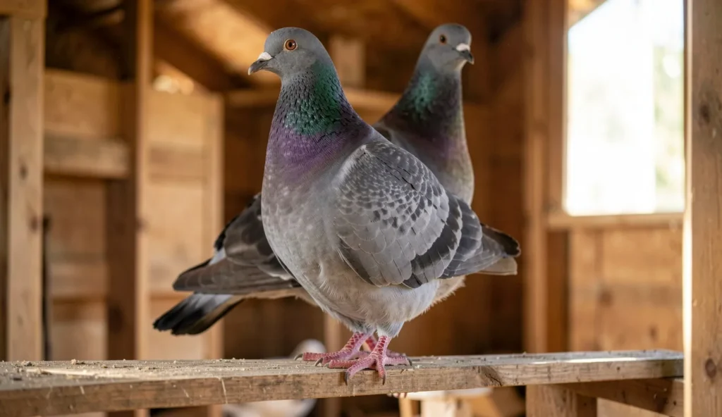 Hungarian Giant pigeon standing on a wooden perch in a loft
