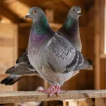 Hungarian Giant pigeon standing on a wooden perch in a loft