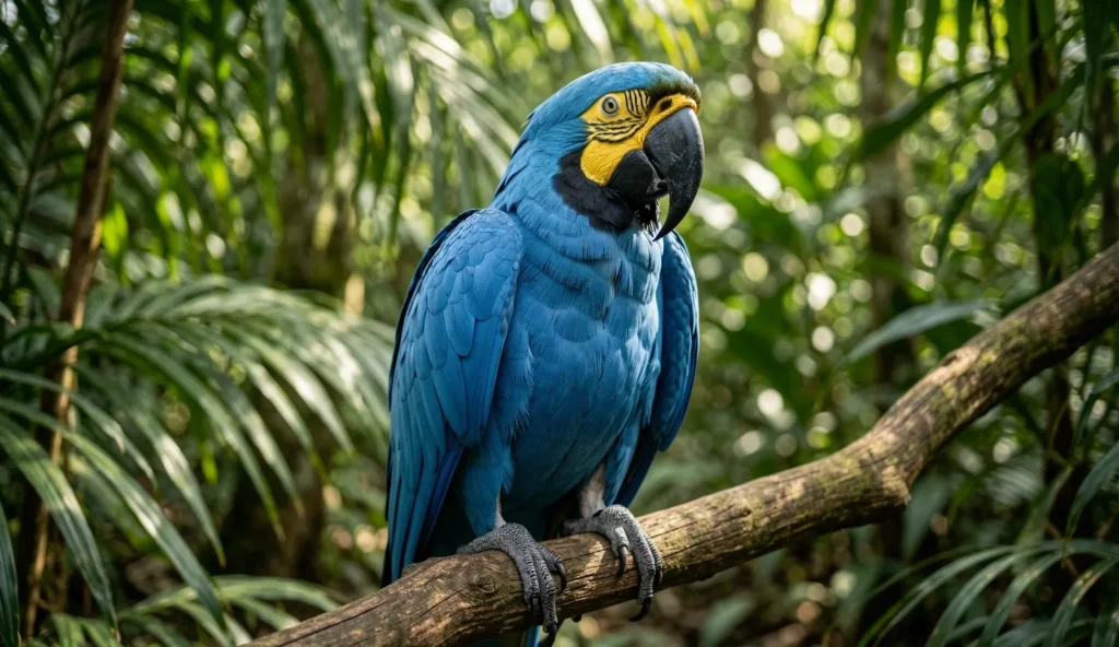 A Hyacinth Macaw with bright blue plumage perched on a branch in a rainforest with green leaves in the background
