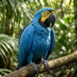 A Hyacinth Macaw with bright blue plumage perched on a branch in a rainforest with green leaves in the background