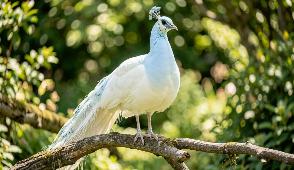 Ice Peafowl perched on a branch in a sunlit garden, showing pale blue and white plumage