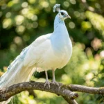 Ice Peafowl – Cool Blue White Blend & Complete Breed Guide Ice Peafowl perched on a branch in a sunlit garden, showing pale blue and white plumage