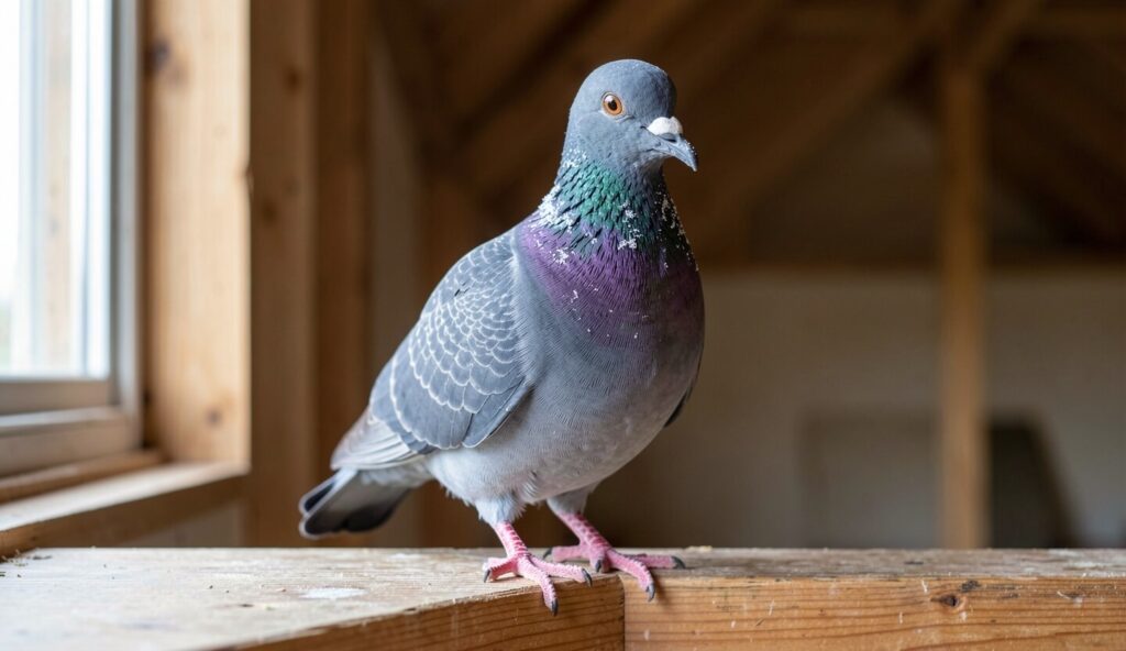Ice Pigeon with blue-gray plumage and frosty iridescence on chest and neck perched on a wooden ledge