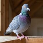 Ice Pigeon with blue-gray plumage and frosty iridescence on chest and neck perched on a wooden ledge