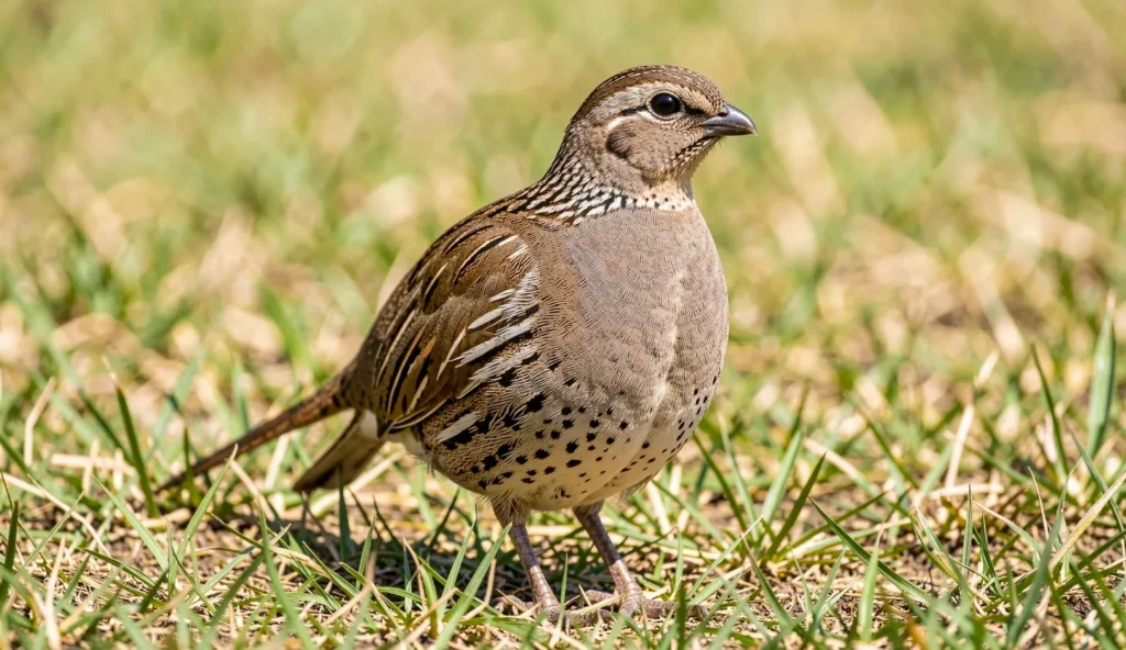 Close-up of an Indian Francolin perched in grass showing detailed plumage