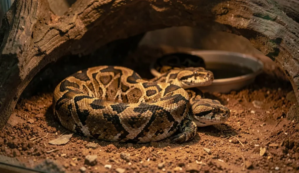 Indian python coiled inside a reptile enclosure with hides, warm basking area, and controlled environment.