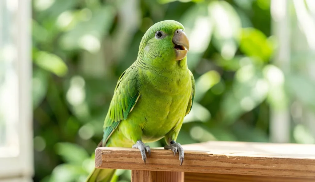 Close-up of a green Indian Ringneck Parakeet with a yellow beak and black neck ring, perched on a wooden stand, appearing to vocalize.