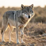 Gray wolf standing in dry scrubland at dawn with sparse vegetation in the background