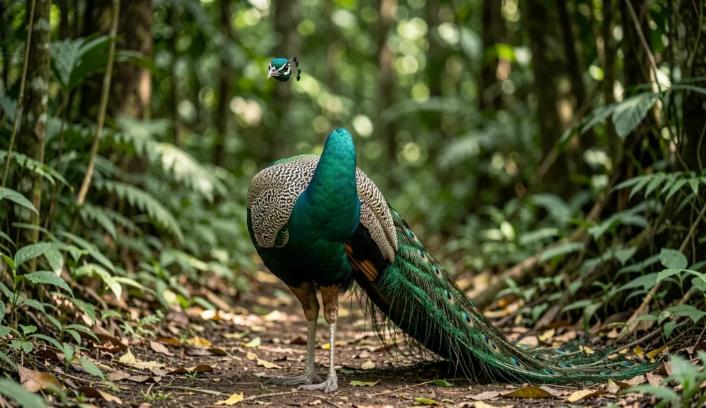 Mature Indochinese Green Peafowl in a Southeast Asian forest displaying emerald green plumage and long tail.