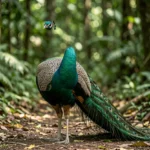 Indochinese Green Peafowl Subspecies – Distinctive Green Tones & Complete Subspecies Profile Mature Indochinese Green Peafowl in a Southeast Asian forest displaying emerald green plumage and long tail.