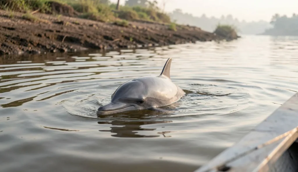 An Irrawaddy dolphin surfaces to breathe in brackish water near a muddy riverbank in Southeast Asia.