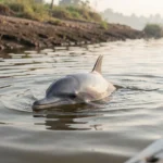 An Irrawaddy dolphin surfaces to breathe in brackish water near a muddy riverbank in Southeast Asia.