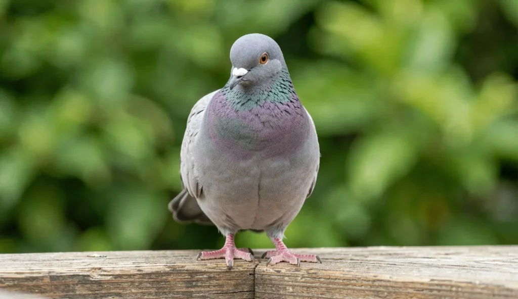 Italian Owl pigeon perched on a wooden ledge showing its compact body and owl-like head.