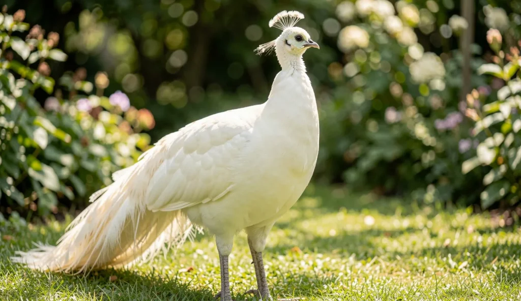 Close up portrait of an ivory creamy white peafowl in a garden