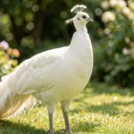 Ivory Peafowl – Creamy White Variant & Complete Breed Guide Close up portrait of an ivory creamy white peafowl in a garden