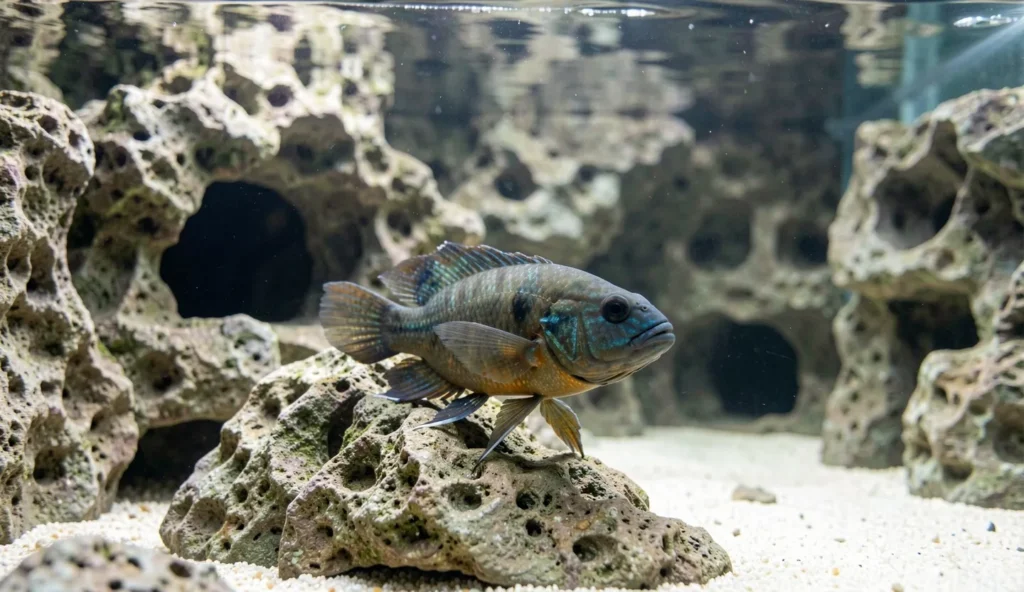 A jack dempsey cichlid resting near rock caves inside a freshwater aquarium with open swimming space behind it.