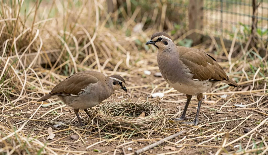 A Jackson francolin breeding pair near a ground nest inside a natural outdoor enclosure with dry nesting materials.
