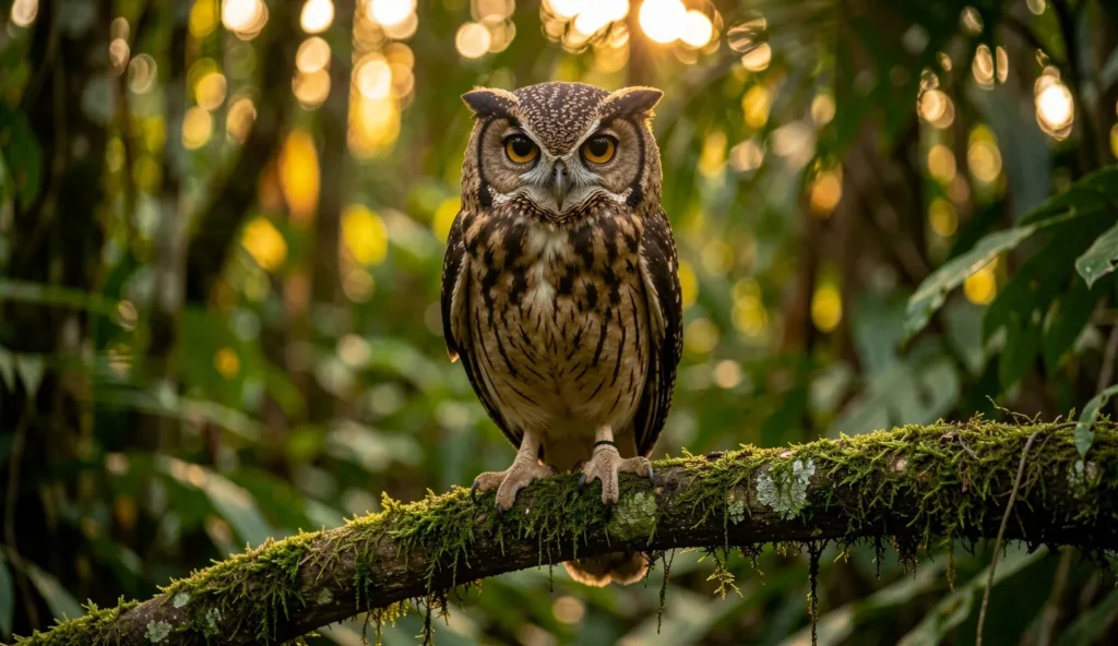 Close-up of a Jamaican Owl perched on a mossy branch in a Jamaican forest at dusk.