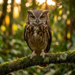 Jamaican Owl – Endemic Night Bird Of The Caribbean & Complete Species Guide Close-up of a Jamaican Owl perched on a mossy branch in a Jamaican forest at dusk.