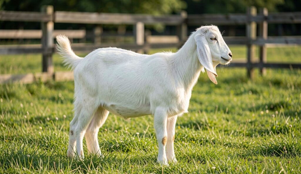 Jamunapari goat with long ears standing in a green pasture