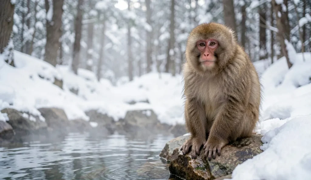 Japanese macaque by a hot spring in a snowy forest