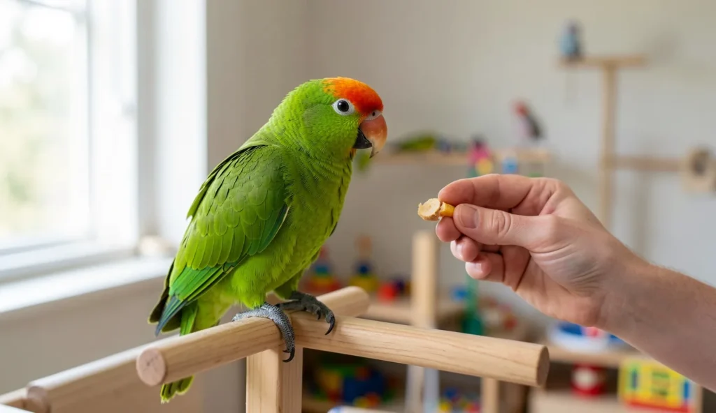 Jardine parrot perching on a wooden training perch looking at a treat held by a hand, indoor setting with soft natural light
