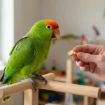 Jardine Parrot – Personality, Training & Enrichment Guide Jardine parrot perching on a wooden training perch looking at a treat held by a hand, indoor setting with soft natural light