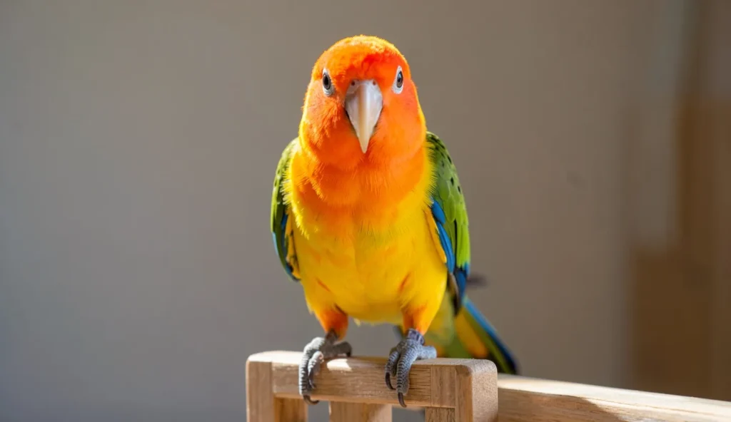A Jenday Conure sitting on a wooden training perch, showing its vibrant orange head and green body feathers