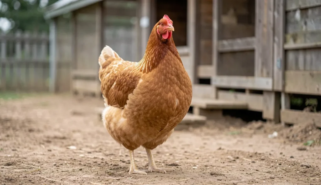 A calm adult Jersey Giant chicken standing near its coop on dry ground with its heavy body clearly visible.