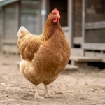 Jersey Giant – The Largest Chicken Breed And Complete Care Guide A calm adult Jersey Giant chicken standing near its coop on dry ground with its heavy body clearly visible.