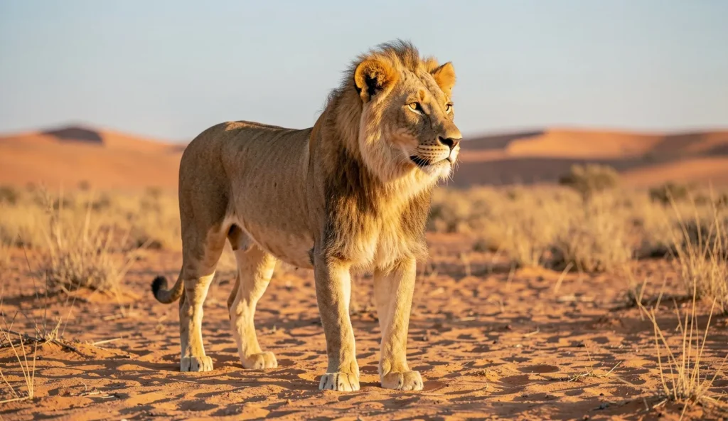 A Kalahari desert lion standing in a dry sandy landscape with sparse grass during golden hour.