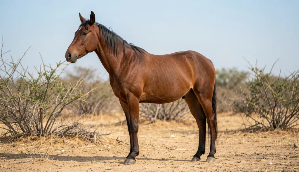 A Kathiawari horse standing on dry sandy ground with ears forward in bright natural daylight.