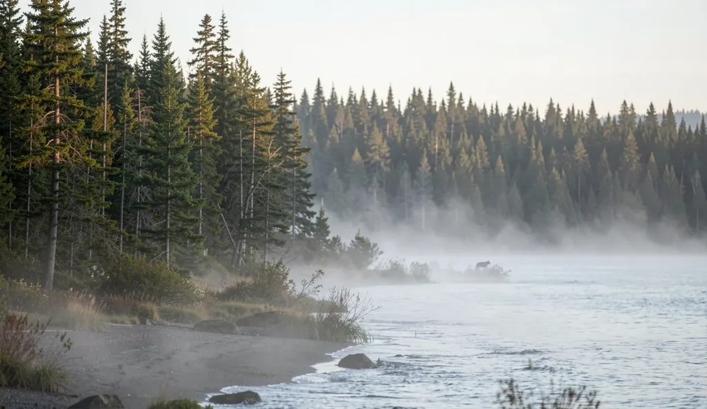 Morning view of the Kenai Peninsula landscape with forest edge and foggy terrain